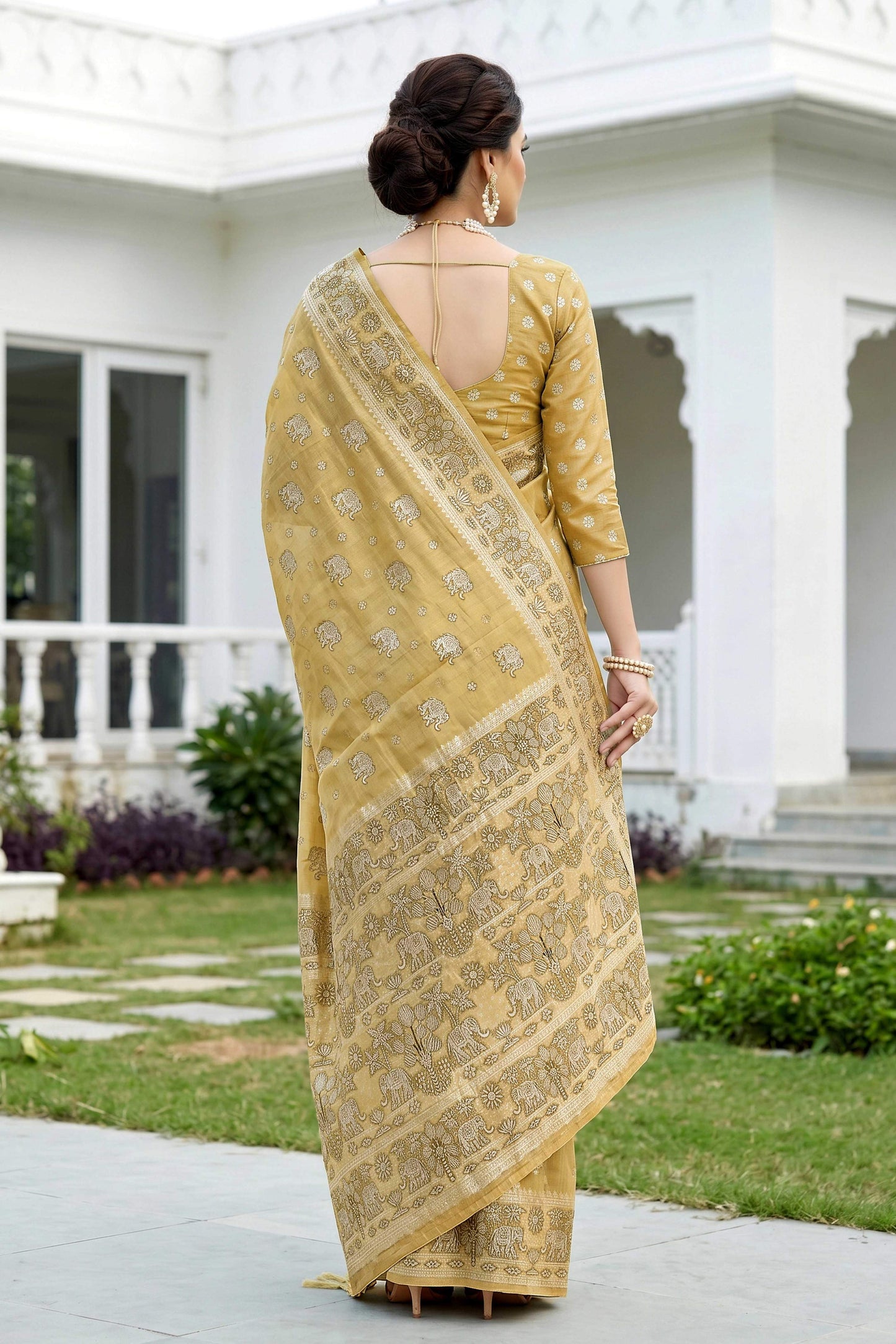 Sangam Prints Honey Gold Cotton Blend Woven Work Traditional Saree