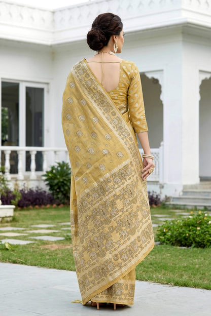 Sangam Prints Honey Gold Cotton Blend Woven Work Traditional Saree