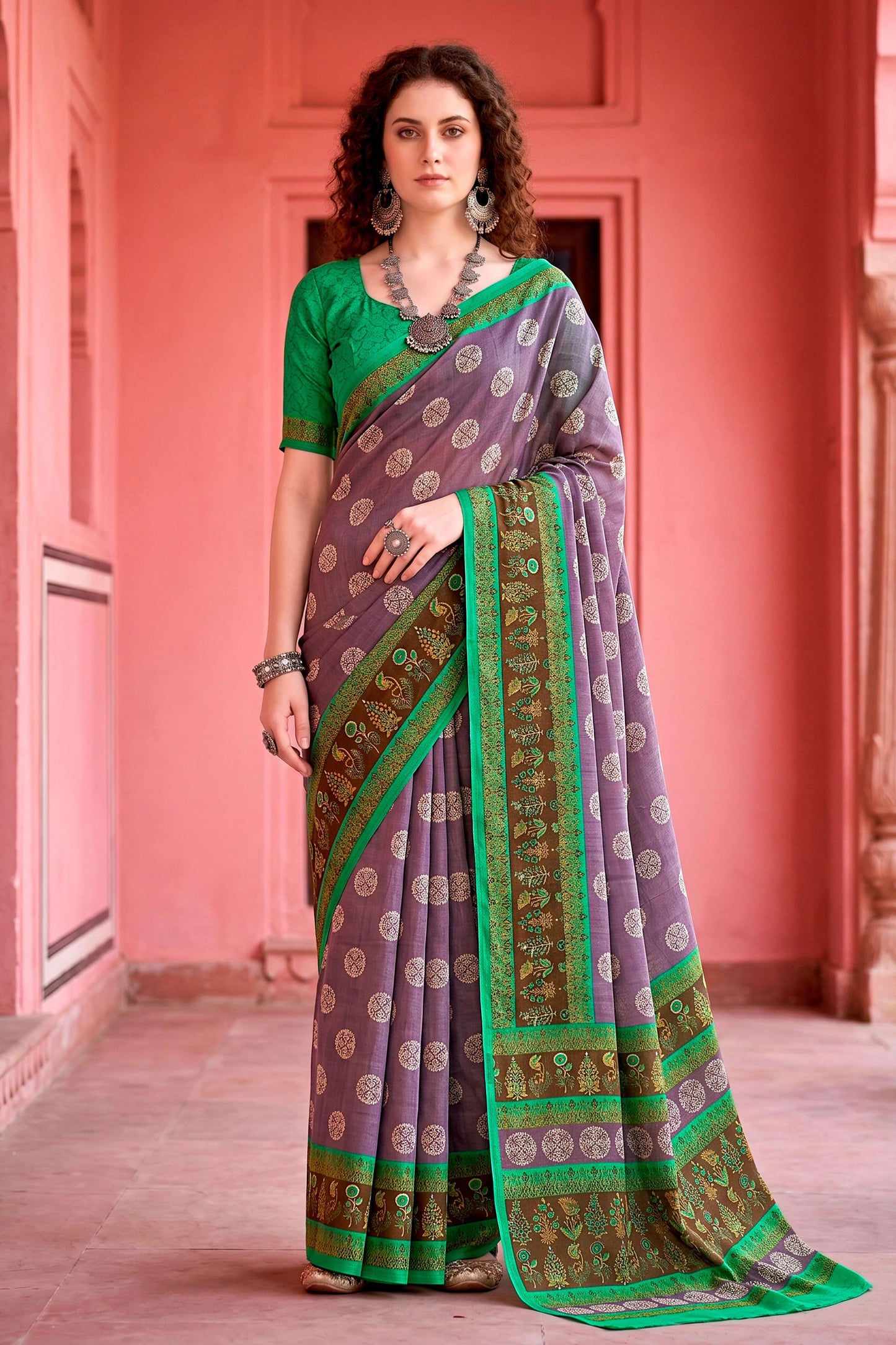 Sangam Prints Smoky Lavender Cotton Blend Woven Work Traditional Saree