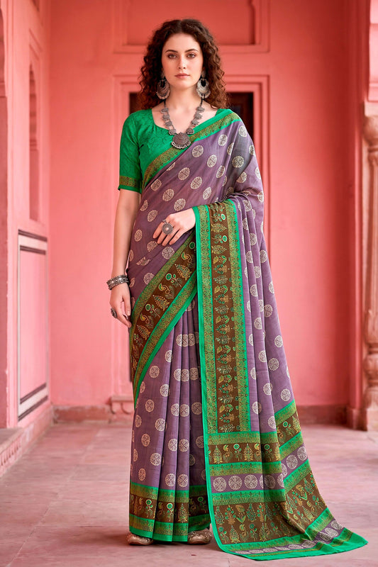 Sangam Prints Smoky Lavender Cotton Blend Woven Work Traditional Saree
