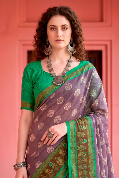 Sangam Prints Smoky Lavender Cotton Blend Woven Work Traditional Saree