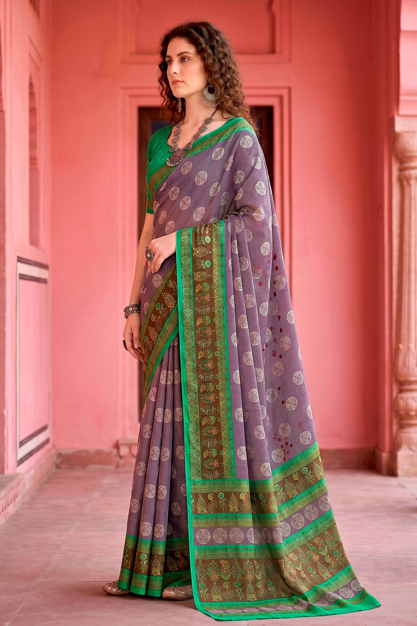 Sangam Prints Smoky Lavender Cotton Blend Woven Work Traditional Saree