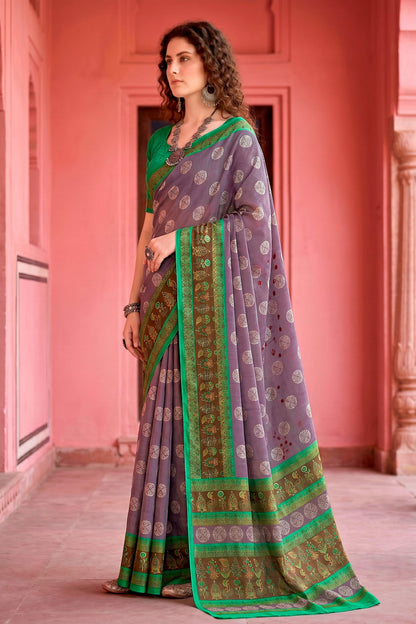 Sangam Prints Smoky Lavender Cotton Blend Woven Work Traditional Saree
