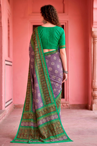 Sangam Prints Smoky Lavender Cotton Blend Woven Work Traditional Saree