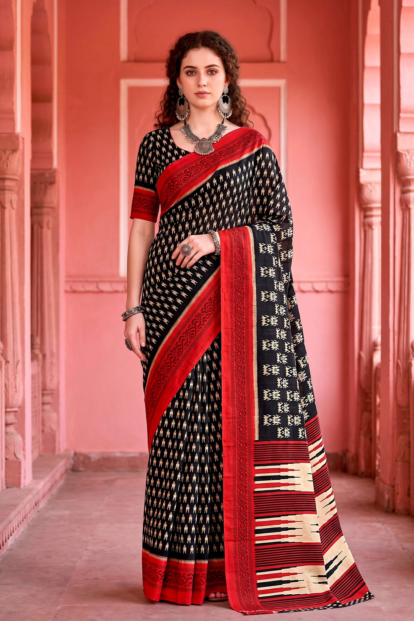 Sangam Prints Black Cotton Blend Woven Work Traditional Saree