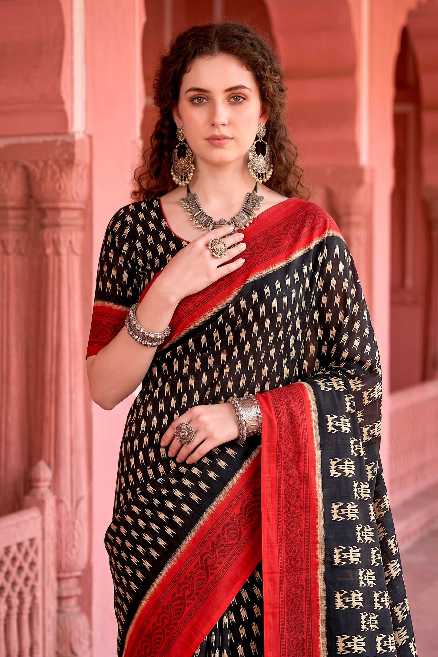 Sangam Prints Black Cotton Blend Woven Work Traditional Saree