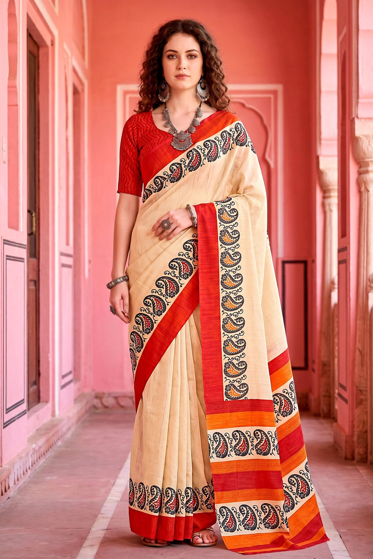 Sangam Prints Cream Cotton Blend Woven Work Traditional Saree