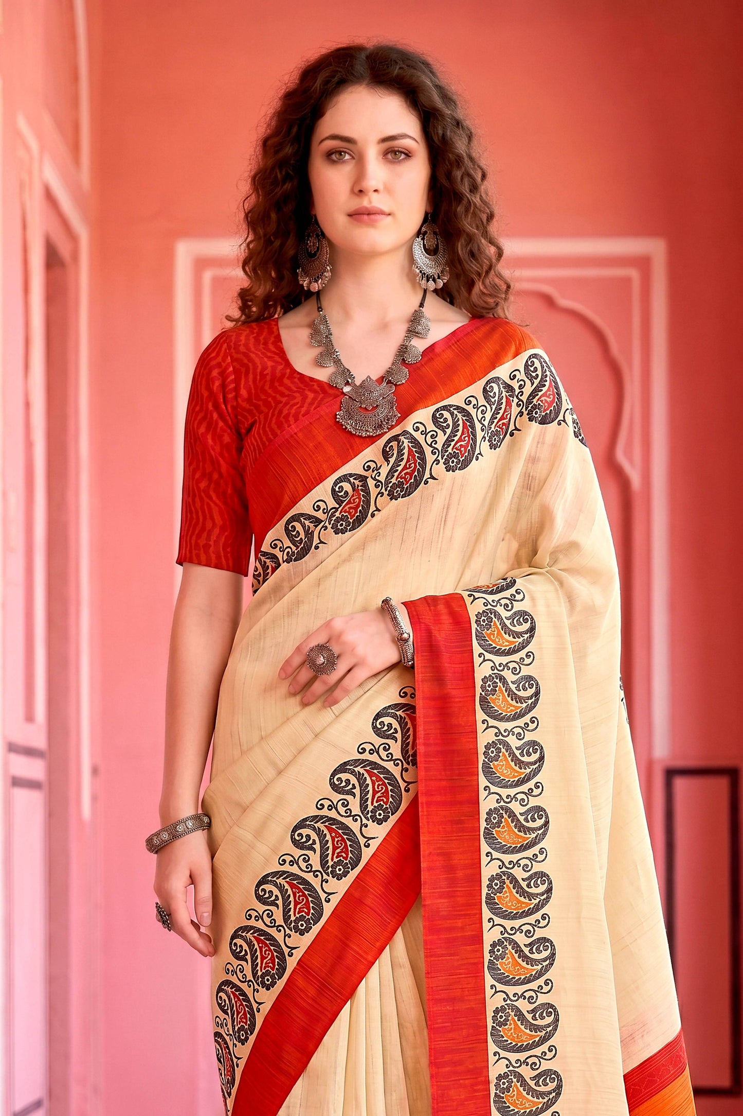 Sangam Prints Cream Cotton Blend Woven Work Traditional Saree