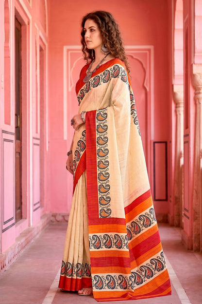 Sangam Prints Cream Cotton Blend Woven Work Traditional Saree