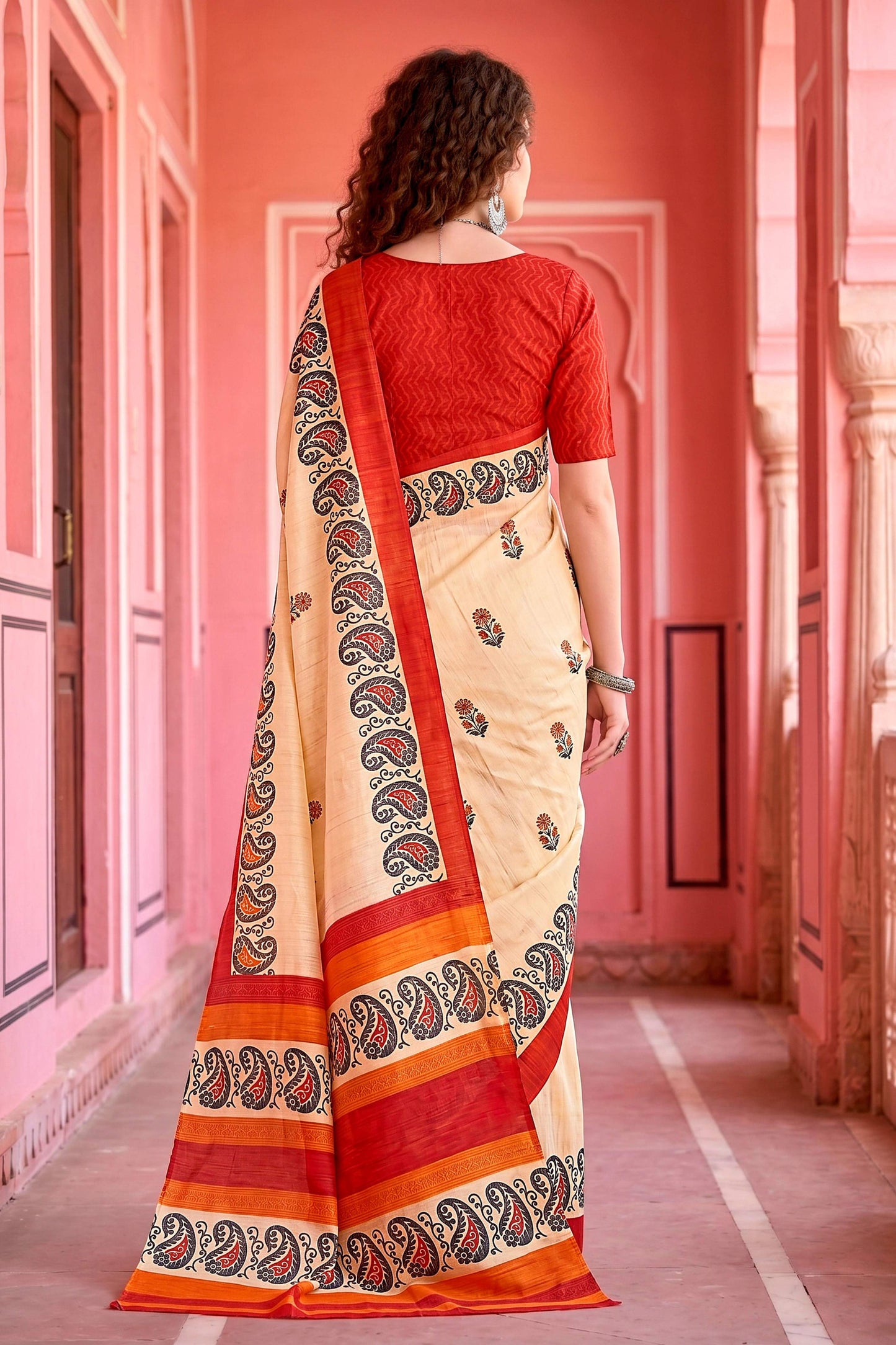 Sangam Prints Cream Cotton Blend Woven Work Traditional Saree