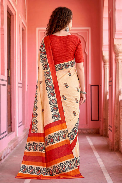 Sangam Prints Cream Cotton Blend Woven Work Traditional Saree