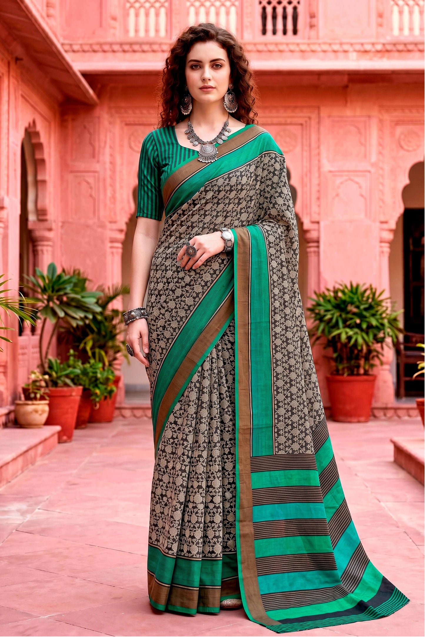 Sangam Prints Charcoal Grey Cotton Blend Woven Work Traditional Saree