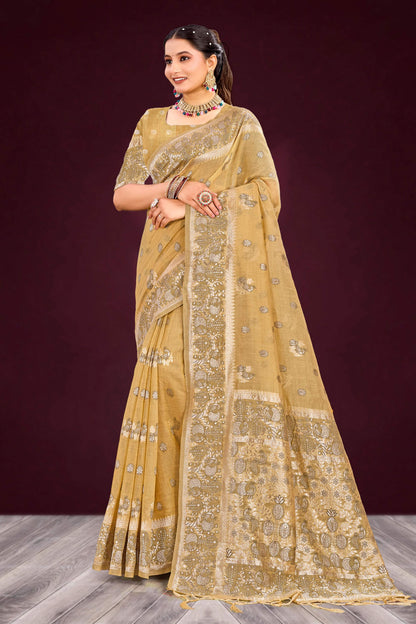 Sangam Prints Antique Gold Cotton Blend Woven Work Traditional Saree