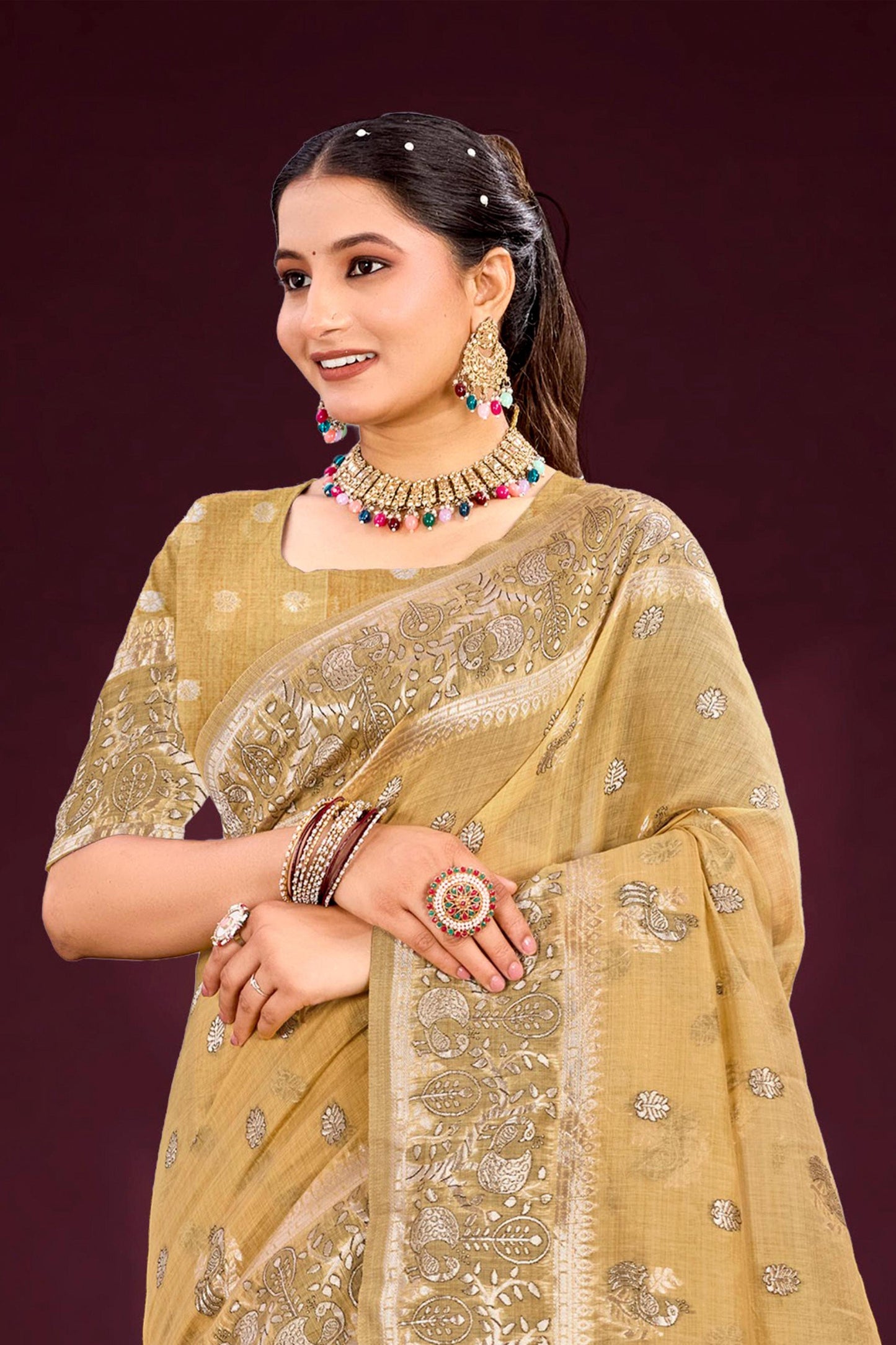 Sangam Prints Antique Gold Cotton Blend Woven Work Traditional Saree