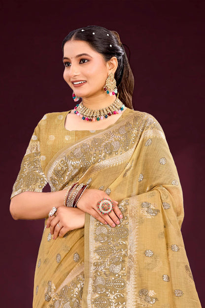 Sangam Prints Antique Gold Cotton Blend Woven Work Traditional Saree