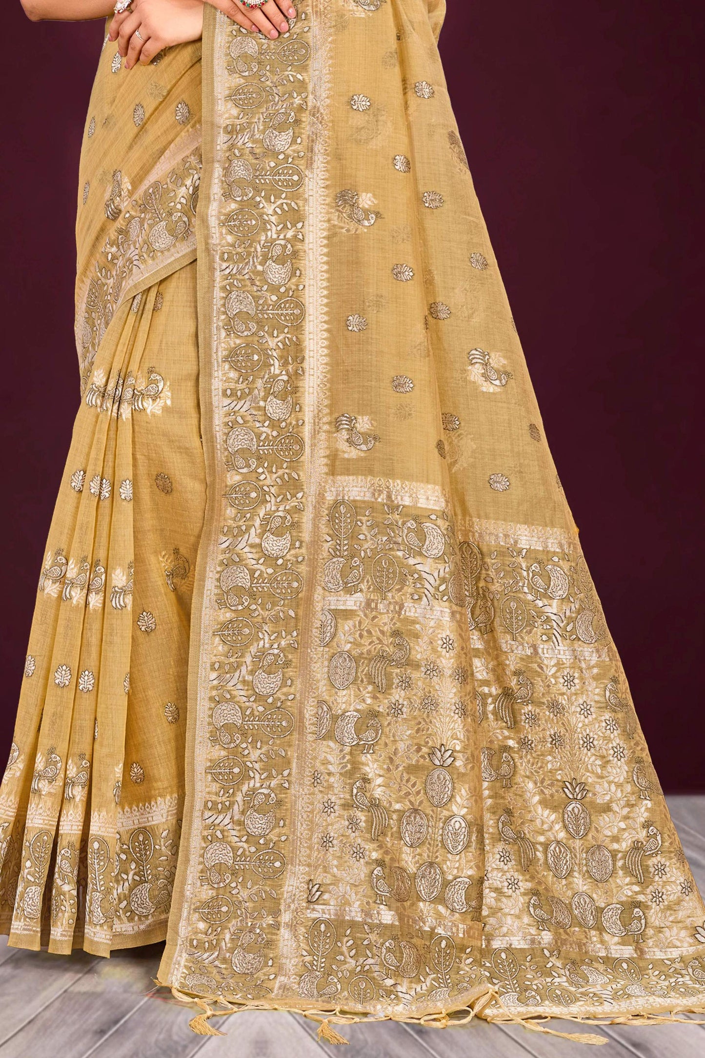 Sangam Prints Antique Gold Cotton Blend Woven Work Traditional Saree