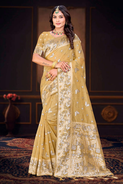 Sangam Prints Dusty Mustard Cotton Blend Woven Work Traditional Saree