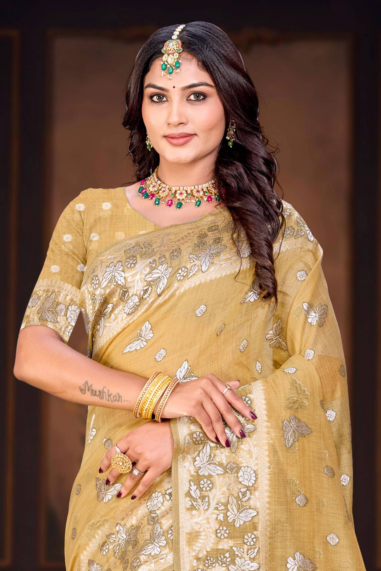 Sangam Prints Dusty Mustard Cotton Blend Woven Work Traditional Saree