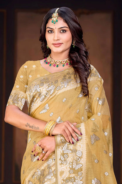 Sangam Prints Dusty Mustard Cotton Blend Woven Work Traditional Saree