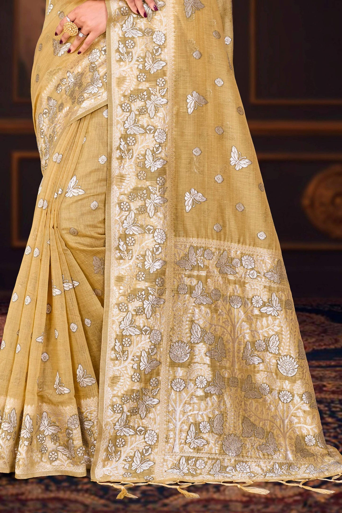 Sangam Prints Dusty Mustard Cotton Blend Woven Work Traditional Saree