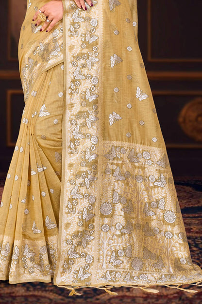 Sangam Prints Dusty Mustard Cotton Blend Woven Work Traditional Saree