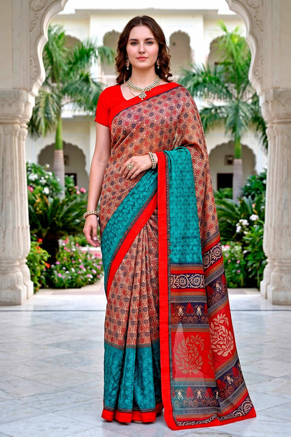 Sangam Prints Beige Teal Red Cotton Blend Woven Work Traditional Saree