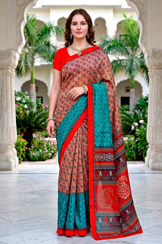 Sangam Prints Beige Teal Red Cotton Blend Woven Work Traditional Saree