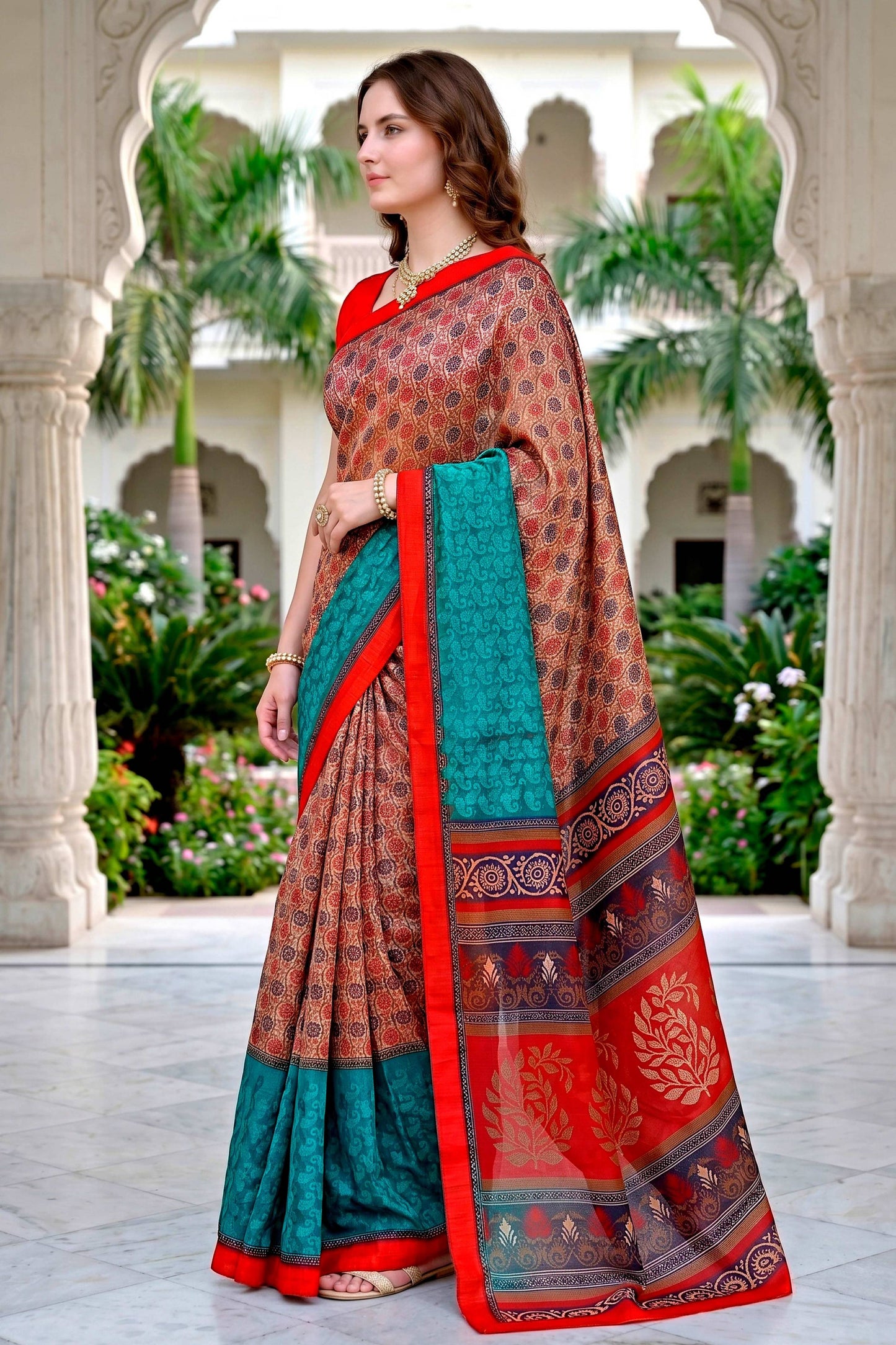 Sangam Prints Beige Teal Red Cotton Blend Woven Work Traditional Saree