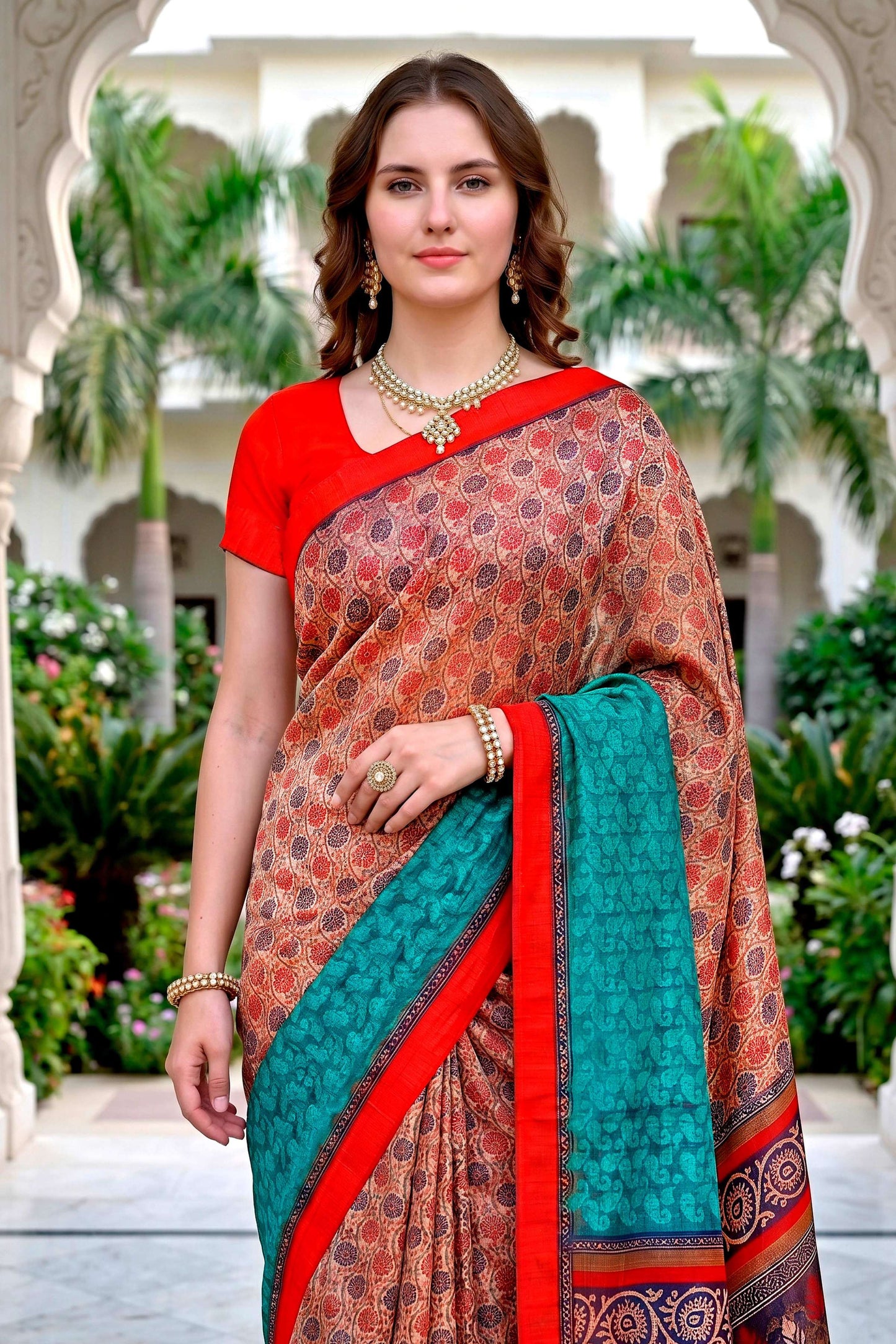 Sangam Prints Beige Teal Red Cotton Blend Woven Work Traditional Saree