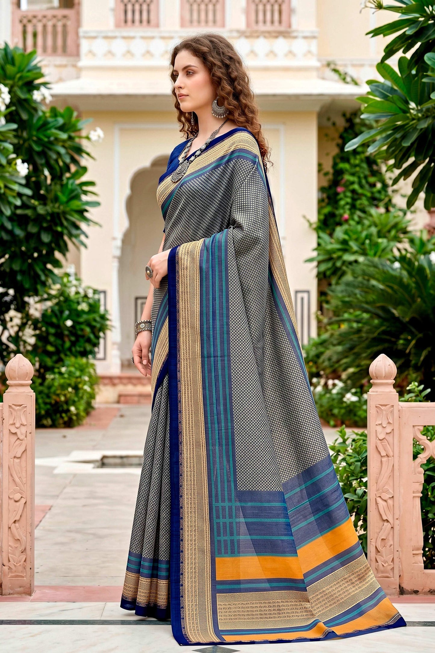 Sangam Prints Steel Grey Cotton Blend Woven Work Traditional Saree