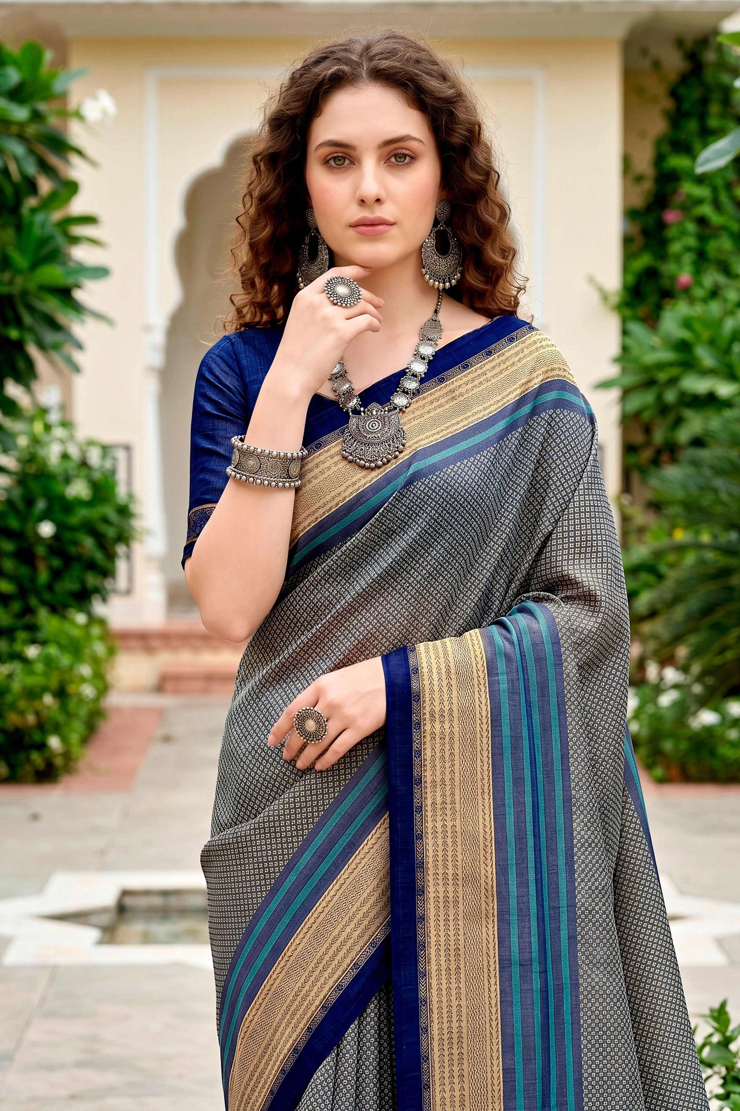 Sangam Prints Steel Grey Cotton Blend Woven Work Traditional Saree