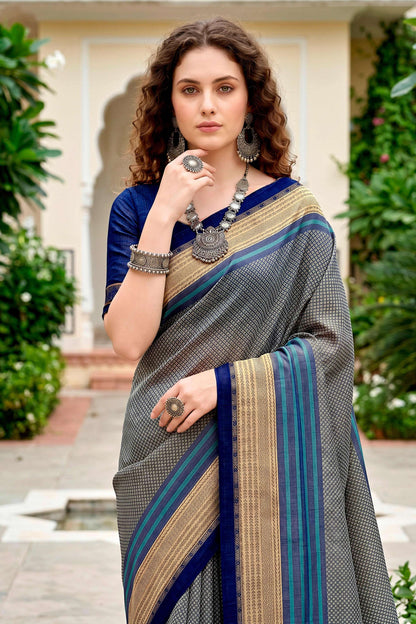 Sangam Prints Steel Grey Cotton Blend Woven Work Traditional Saree