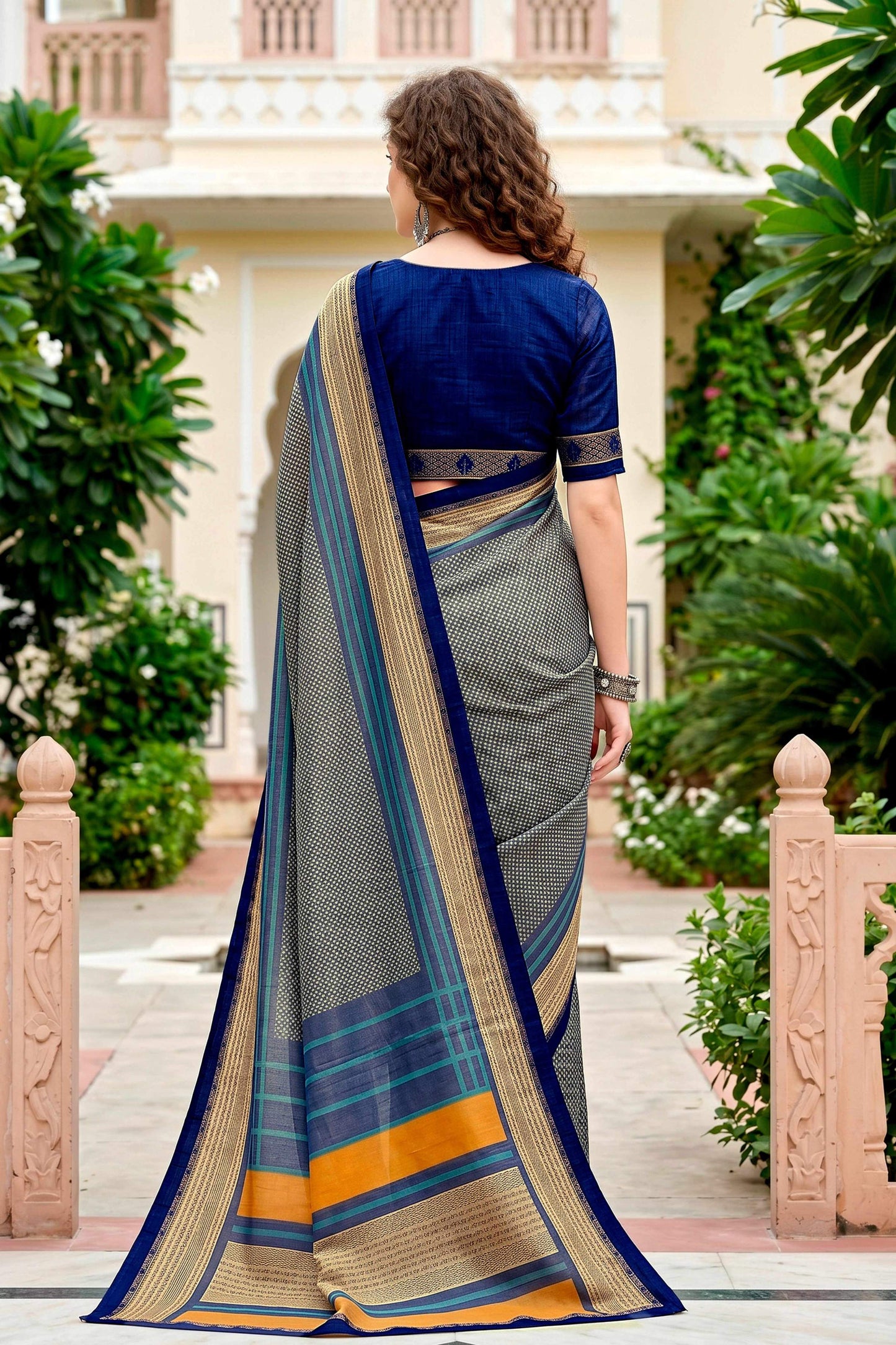 Sangam Prints Steel Grey Cotton Blend Woven Work Traditional Saree