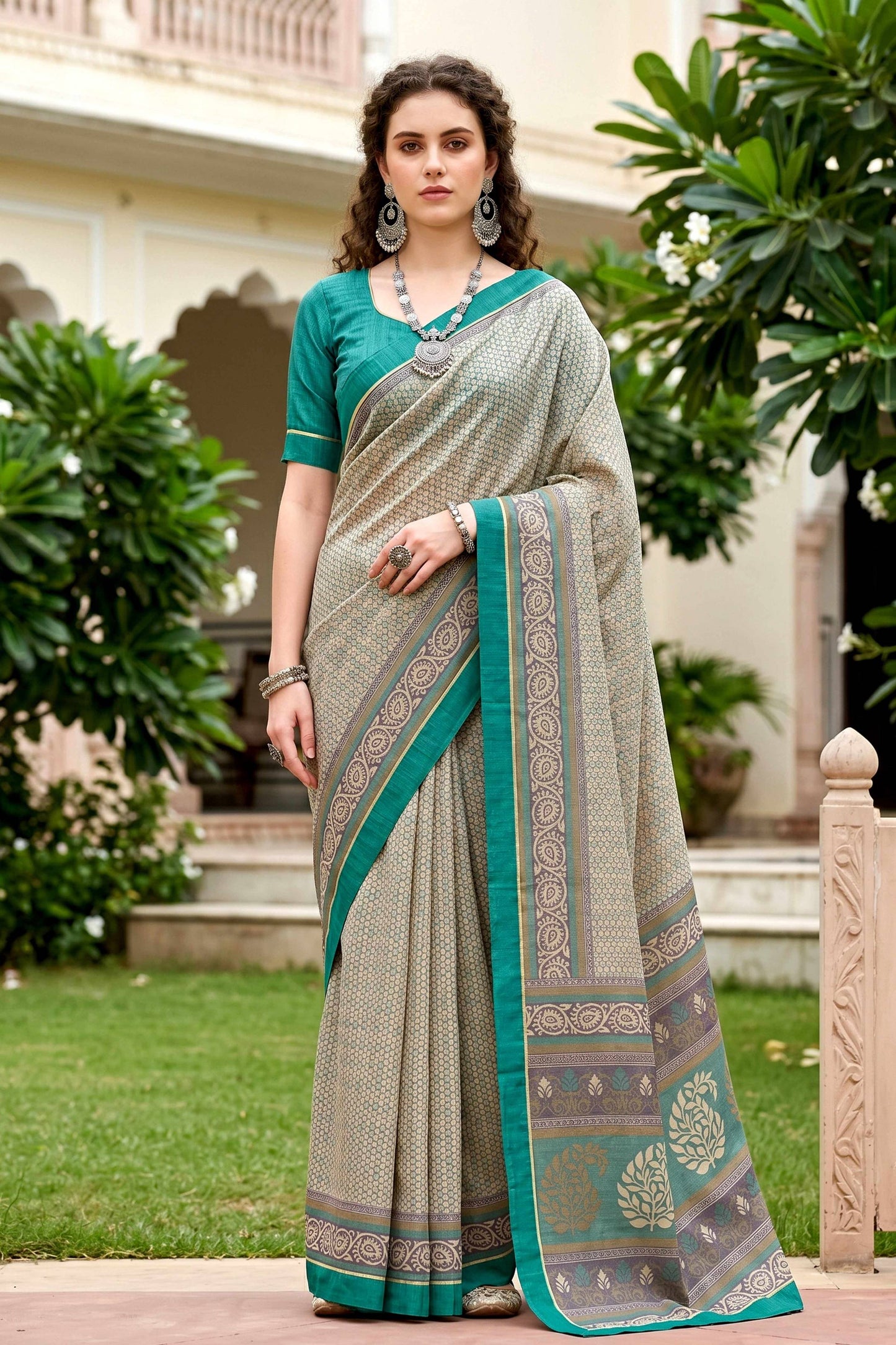 Sangam Prints Stone Grey Cotton Blend Woven Work Traditional Saree