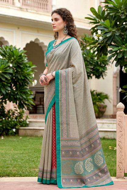 Sangam Prints Stone Grey Cotton Blend Woven Work Traditional Saree