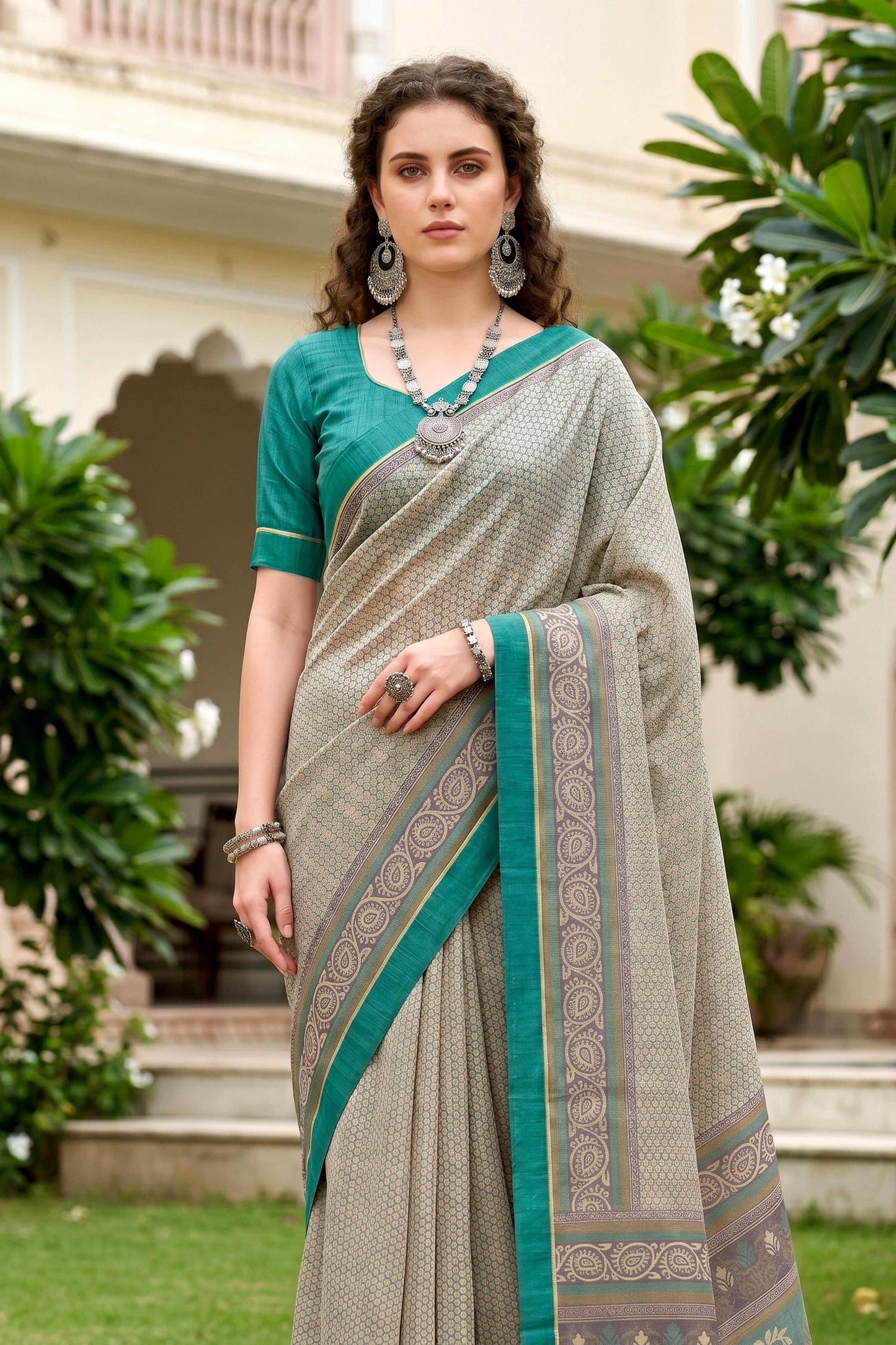 Sangam Prints Stone Grey Cotton Blend Woven Work Traditional Saree