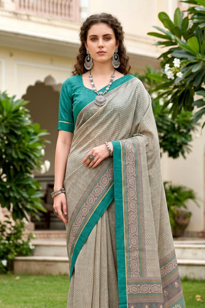 Sangam Prints Stone Grey Cotton Blend Woven Work Traditional Saree