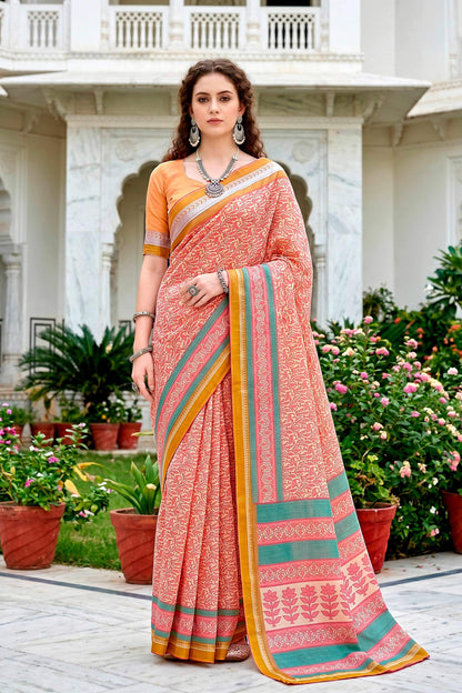 Sangam Prints Peach Pink Cotton Blend Woven Work Traditional Saree