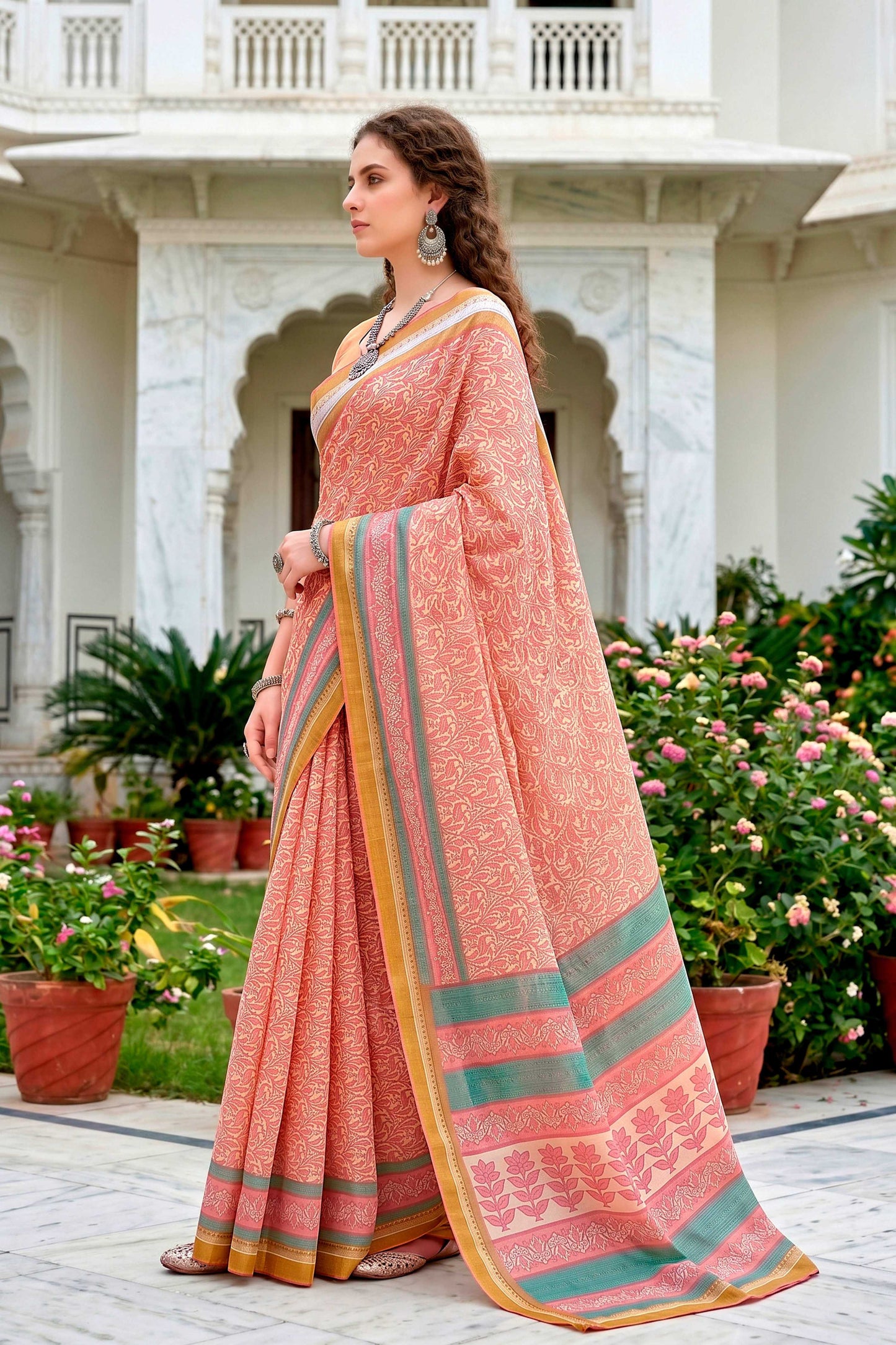 Sangam Prints Peach Pink Cotton Blend Woven Work Traditional Saree