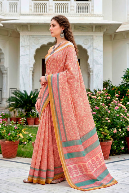 Sangam Prints Peach Pink Cotton Blend Woven Work Traditional Saree