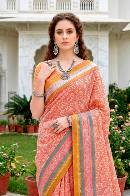 Sangam Prints Peach Pink Cotton Blend Woven Work Traditional Saree