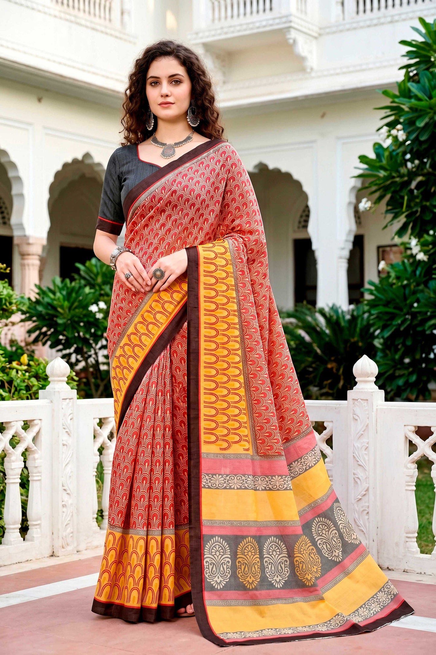 Sangam Prints Brick Red Mustard Cotton Blend Woven Work Traditional Saree