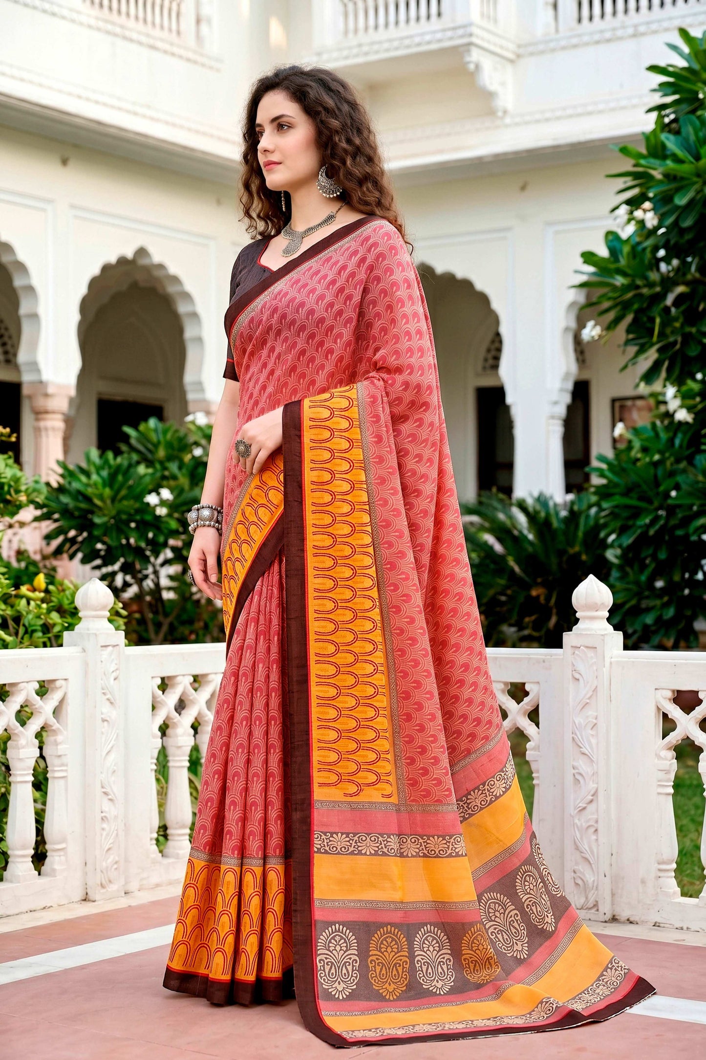 Sangam Prints Brick Red Mustard Cotton Blend Woven Work Traditional Saree