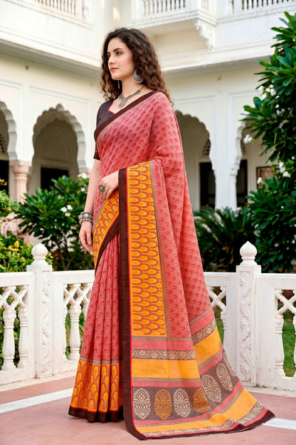 Sangam Prints Brick Red Mustard Cotton Blend Woven Work Traditional Saree