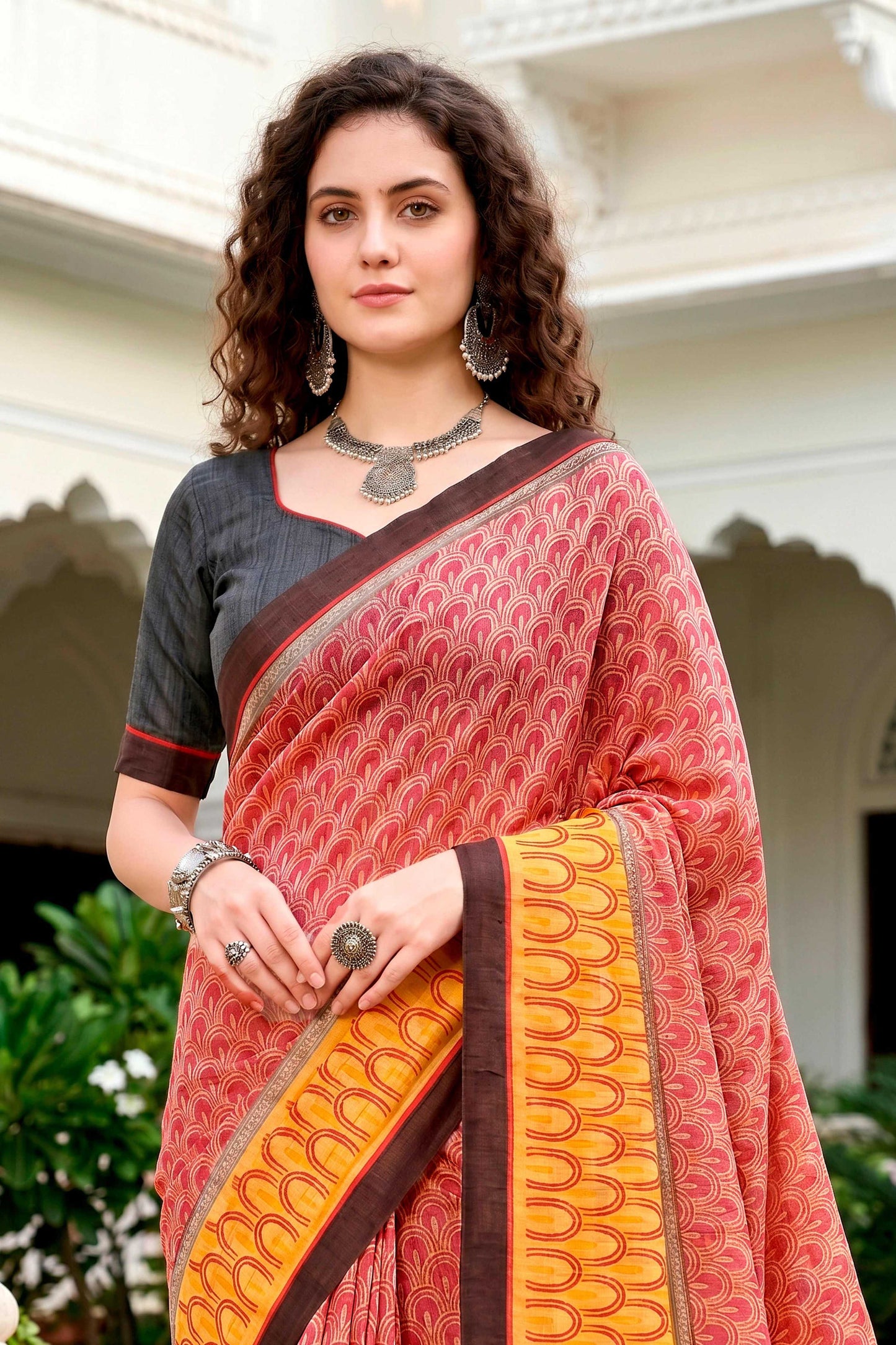 Sangam Prints Brick Red Mustard Cotton Blend Woven Work Traditional Saree