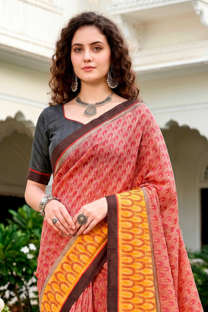Sangam Prints Brick Red Mustard Cotton Blend Woven Work Traditional Saree