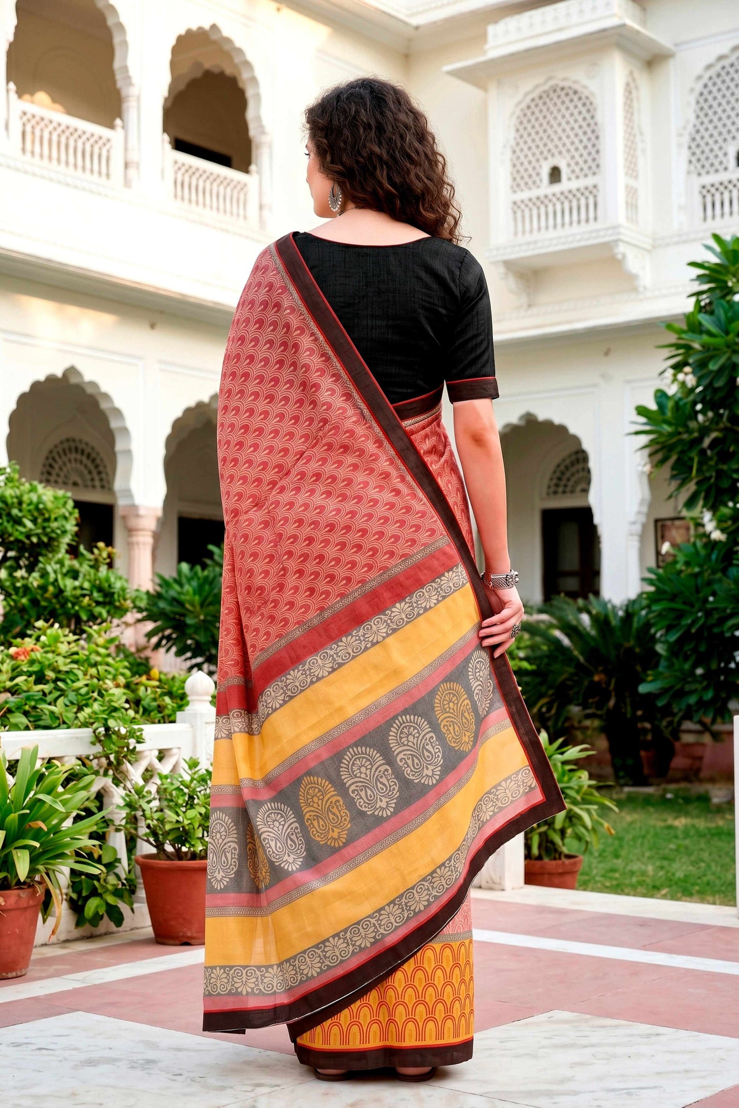Sangam Prints Brick Red Mustard Cotton Blend Woven Work Traditional Saree
