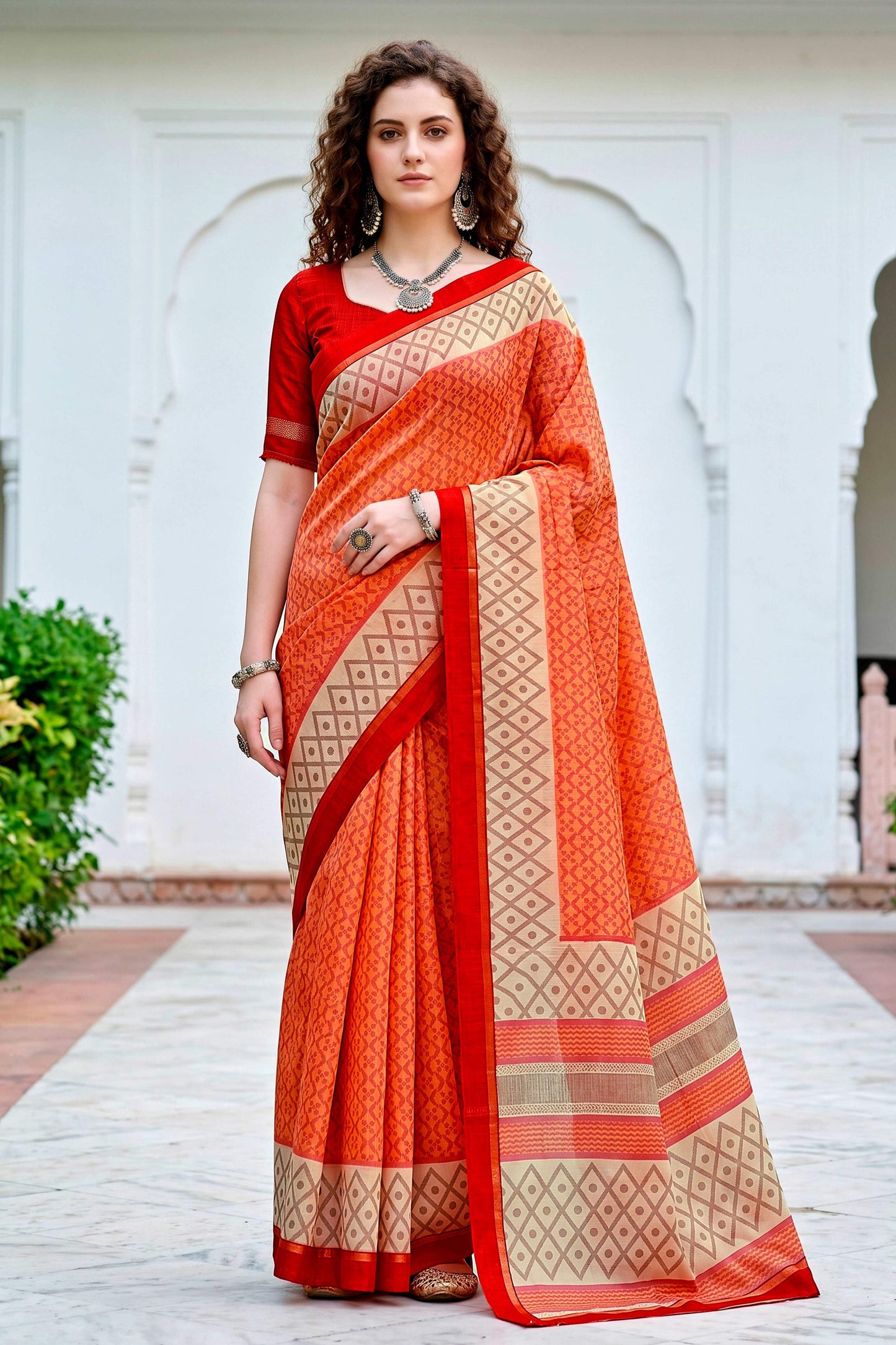 Sangam Prints Bright Orange Cotton Blend Woven Work Traditional Saree