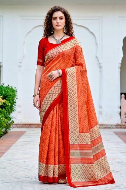 Sangam Prints Bright Orange Cotton Blend Woven Work Traditional Saree