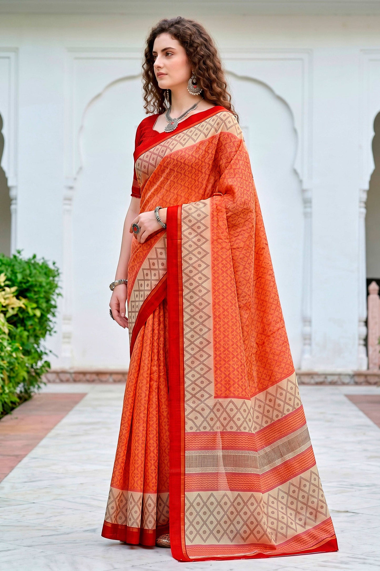 Sangam Prints Bright Orange Cotton Blend Woven Work Traditional Saree